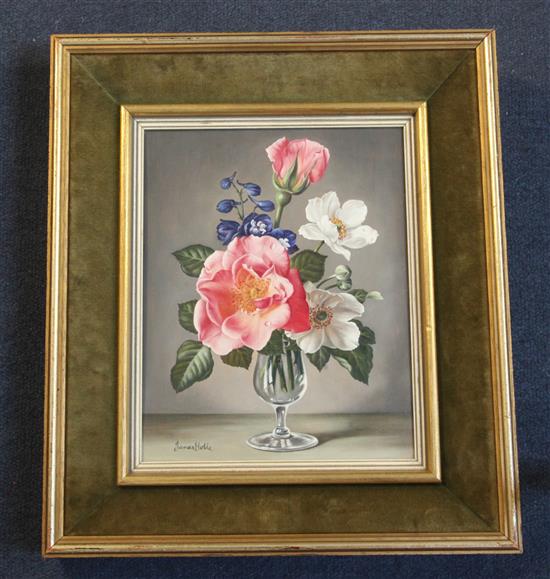 James Noble (1919-1989) Pink, white and blue flowers in a glass 25 x 20cm